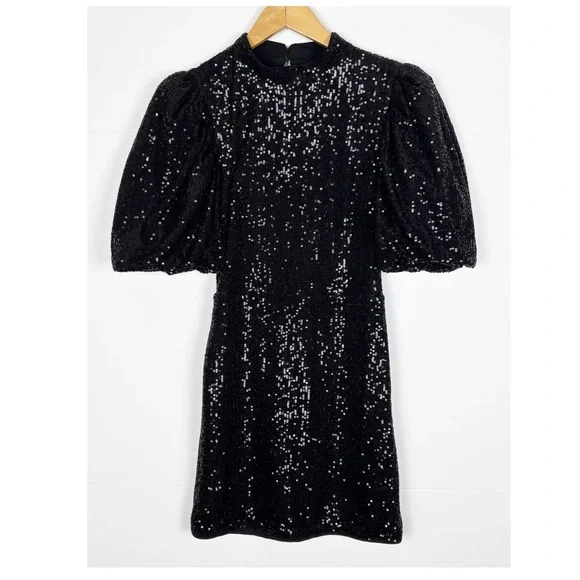 Camila Coelho Cassie Mini Dress Black Sequin Puff Sleeve Open Back Size Small - Picture 12 of 12
